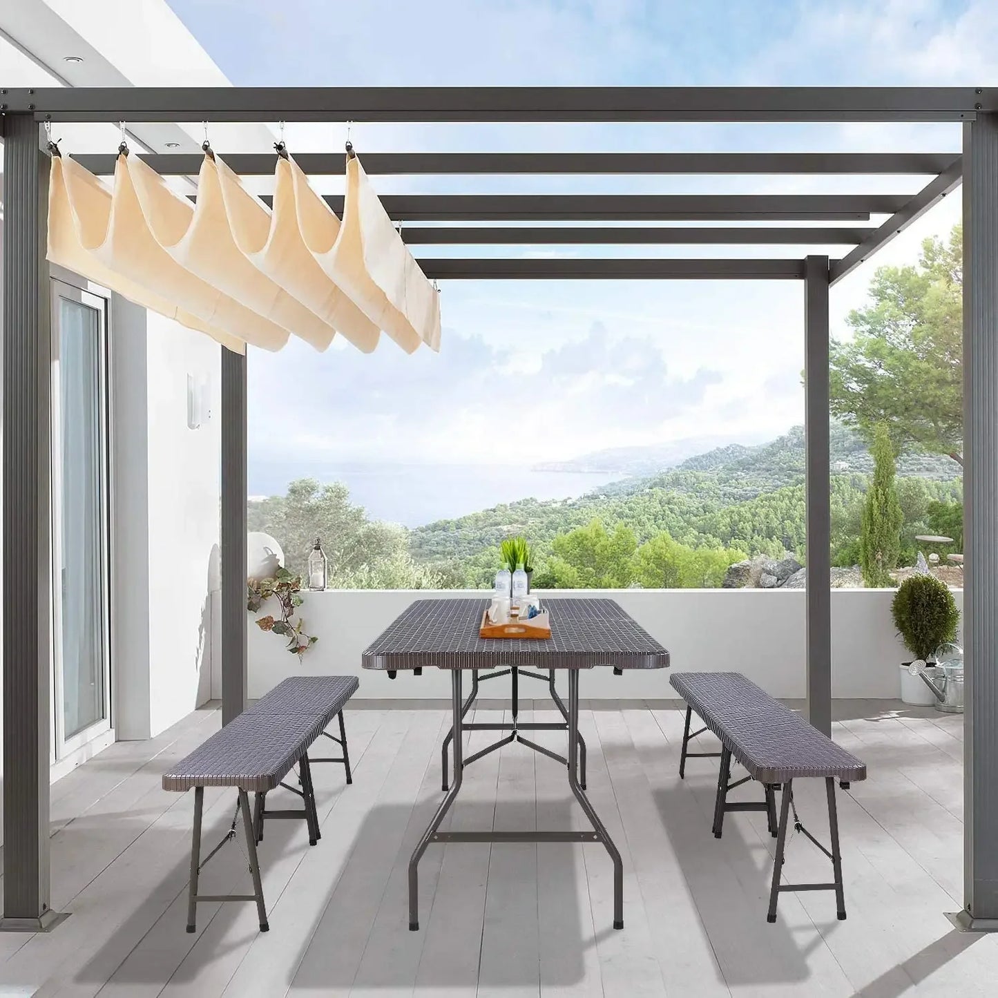 Inklapbare Tafel En Banken – Campingset – Buitenmeubel – Picknicktafel – Feestset – Rattan Look – Hoog Draagvermogen