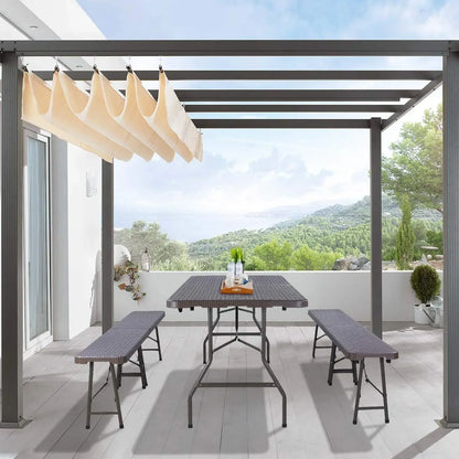 Inklapbare Tafel En Banken – Campingset – Buitenmeubel – Picknicktafel – Feestset – Rattan Look – Hoog Draagvermogen