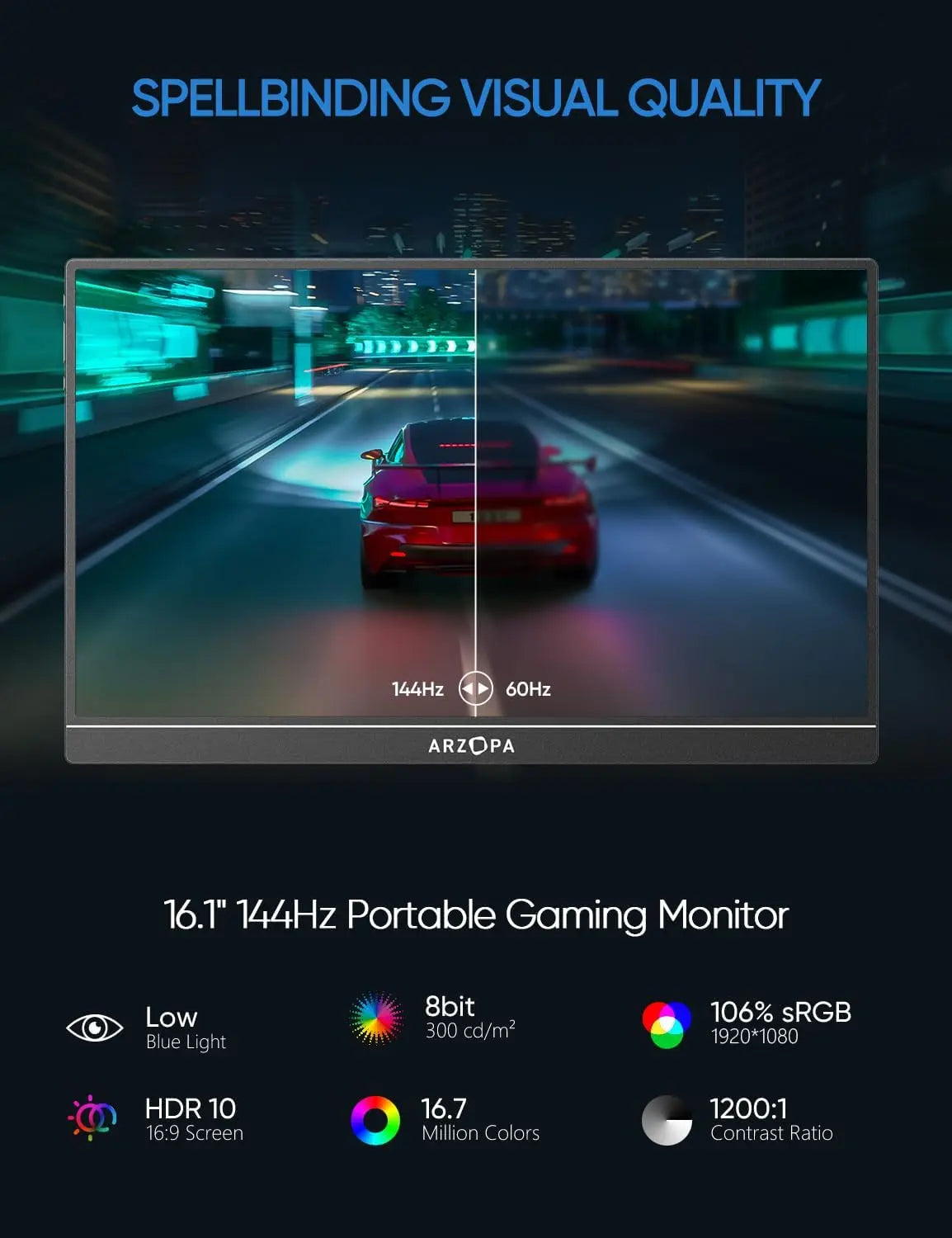 Draagbare Monitor – Extern Scherm – Gaming Monitor – Tweede Scherm – IPS Display – 16,1 Inch – 144Hz Verversingssnelheid – 100% sRGB Kleurweergave - QUORE