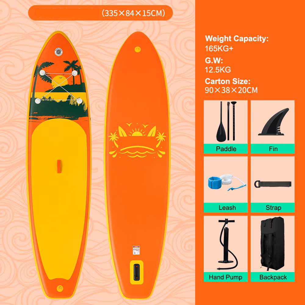 Supboard - Paddle Board - Peddelplank - Surfplank - Opblaasbaar - Inc. Peddel - Vin - Leash - Riem - Handpomp - Rugzak - 335 x 84 x 15 cm - Oranje & Geel