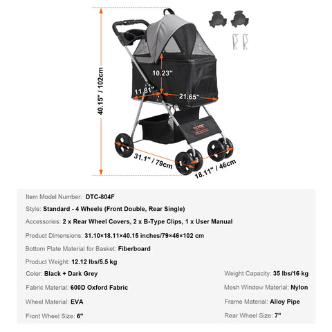 Stroller - Dog stroller - Dog buggy - Dog cart - 35lbs 4 wheels - with brakes Storage basket Cup holder - for cats and dogs Travel accessories
