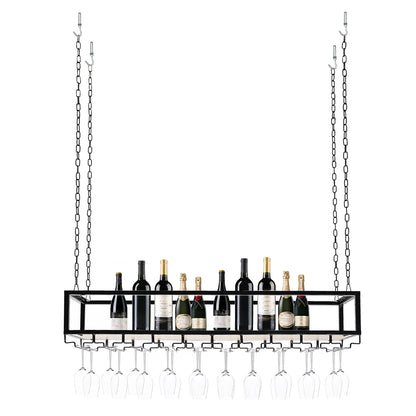 110cm/100cm Hanging Wine Rack Wine Bottle Holder Glass Shelf Kitchen Storage Display Rack Ceiling Mount Adjustable