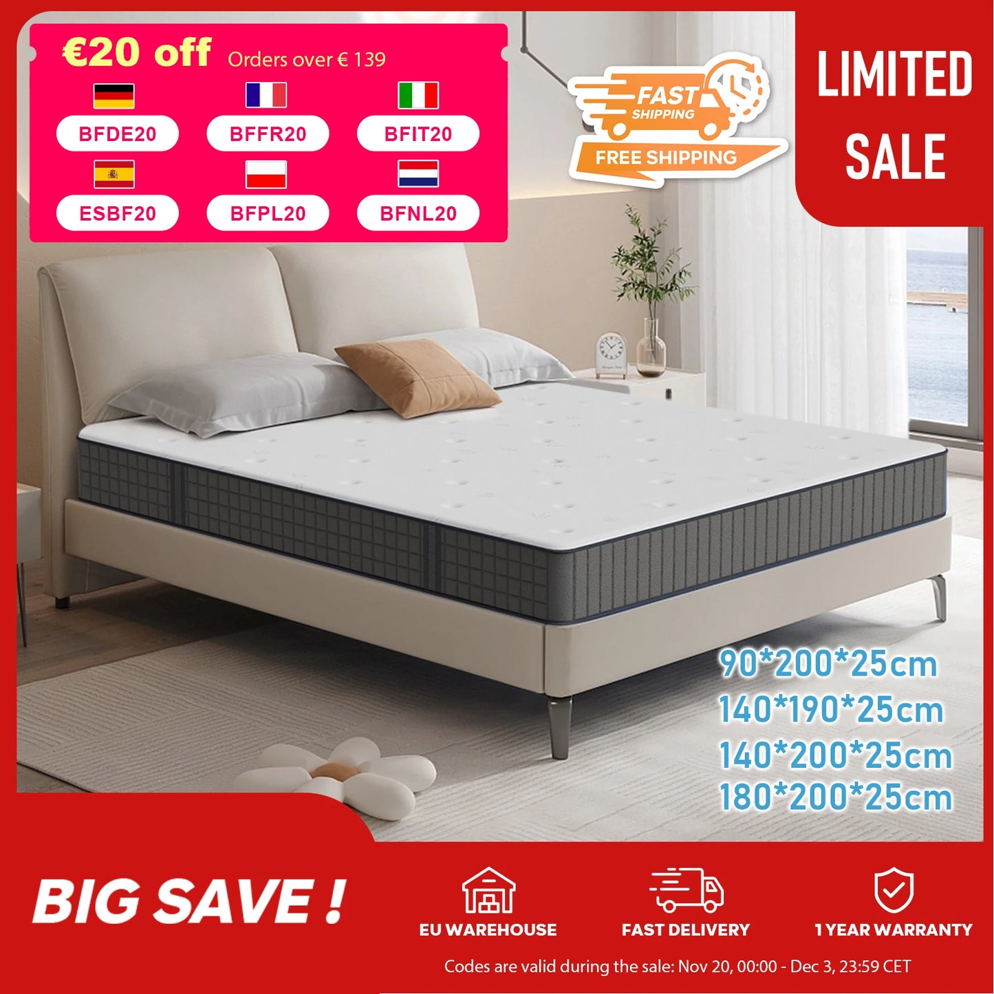 Pocket spring core mattress 25cm H3 - 7 zones with diatom foam & orthopedic support - QUORE