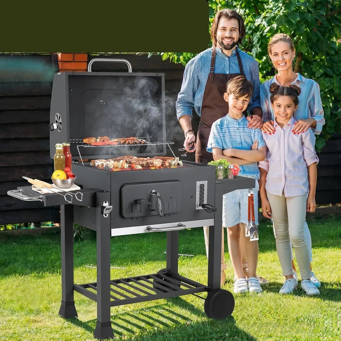 BBQ - BBQ Houtskool - Barbecue - Smoker - met Deksel, Verstelbaar Rooster en Geïntegreerde Thermometer – Draagbare Buitenbarbecue – Grote - Zwart