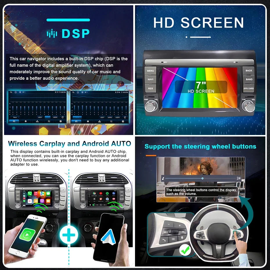 Autoradio – Car Stereo – Auto Radio – Multimedia Speler – 2-DIN – Draadloos CarPlay – Android 14 – 7 Inch Touchscreen – 4G Connectivity
