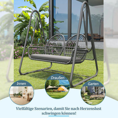 Tuinschommel - Dubbele Schommelbank - Schommelstoel - Tuin - Schommel - 2 Personen - Buiten/Binnen - met Rugleuning – PE Rattan & Metalen Frame – Beige/Geel