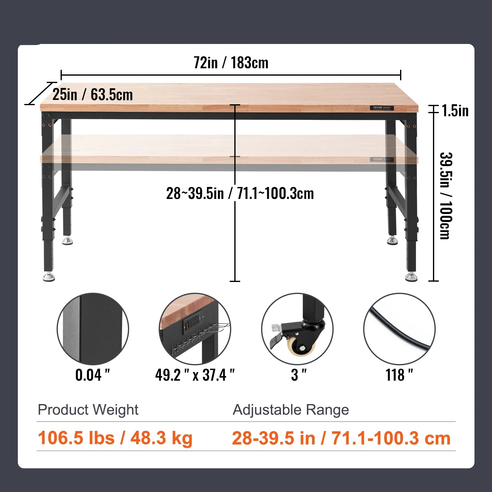Werkbank – Werktafel – Werkbankje – Werkplek – Verstelbaar 71-100 Cm – Draagkracht 3000lbs – Massief Rubberhout - QUORE