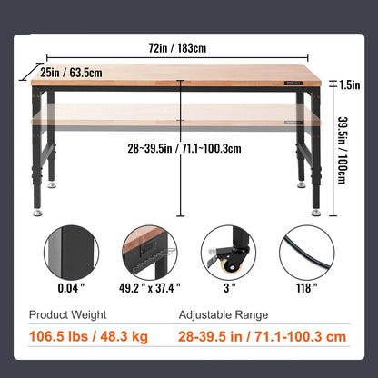 Werkbank – Werktafel – Werkbankje – Werkplek – Verstelbaar 71-100 Cm – Draagkracht 3000lbs – Massief Rubberhout - QUORE