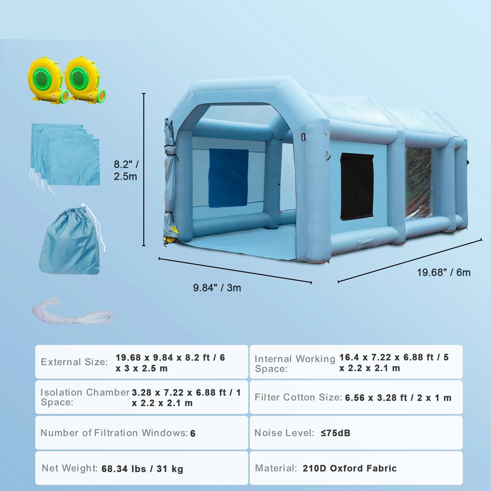 Opblaasbare Spuitcabine - Verfcabine - Verftent - Spray Booth - 6x3x2.5m - met Luchtfilters en Ventilatoren - Mobiele Spuittent - voor Auto's en Meubels - QUORE