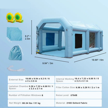 Opblaasbare Spuitcabine - Verfcabine - Verftent - Spray Booth - 6x3x2.5m - met Luchtfilters en Ventilatoren - Mobiele Spuittent - voor Auto's en Meubels - QUORE