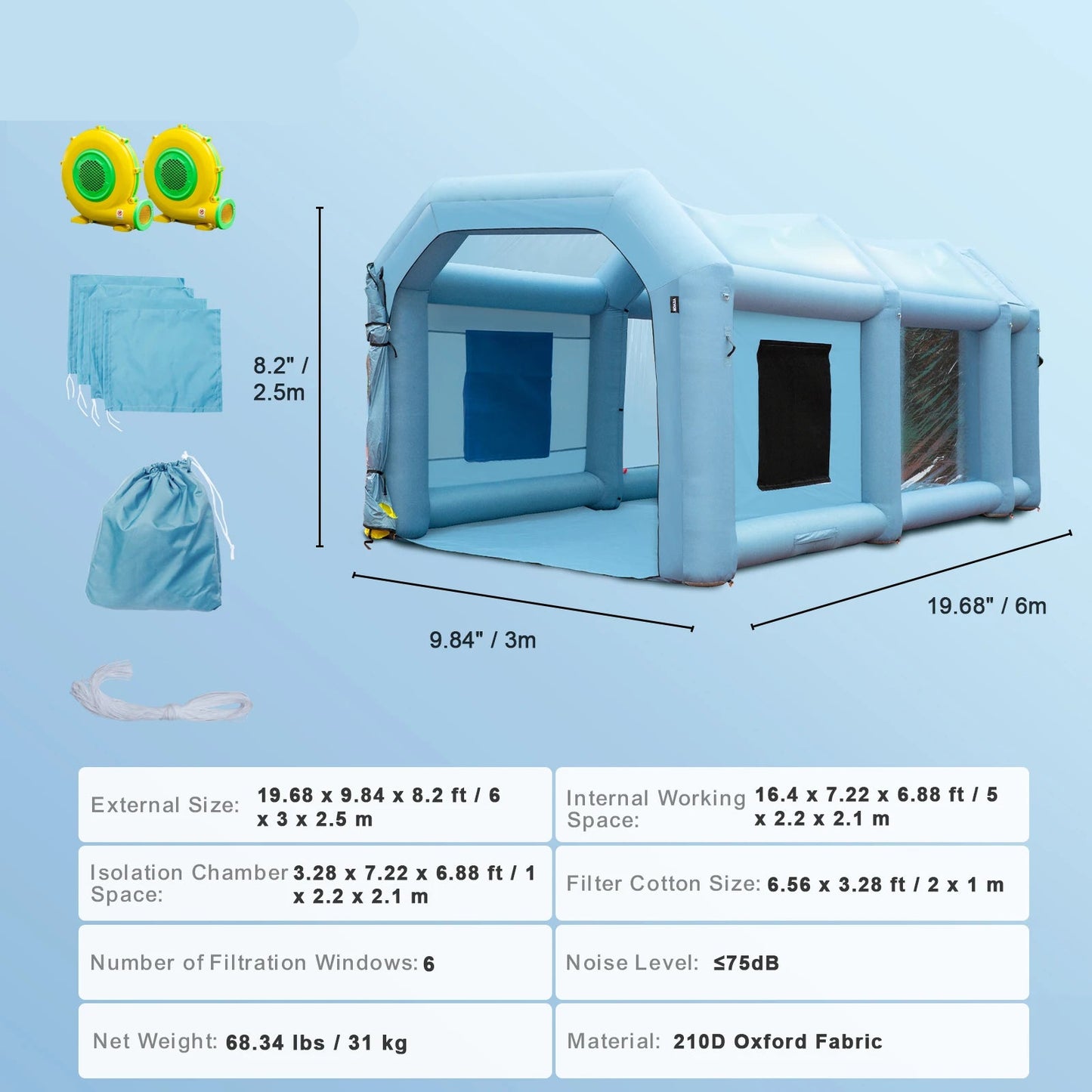 Spuitcabine - Verftent - Opblaasbare Verf Spuiterij - Verfcabine - 6x3x2.5m - 31kg - Krachtige Spray Booth met Blowers – Autospuit Tent met Luchtfiltersysteem - QUORE
