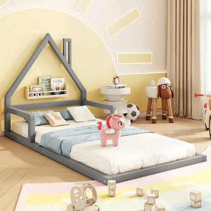 Kinderbed - Plat Bed - Huisvorm - Massief Grenen - Eenvoudige Vorm - 90*200 cm - Grijs