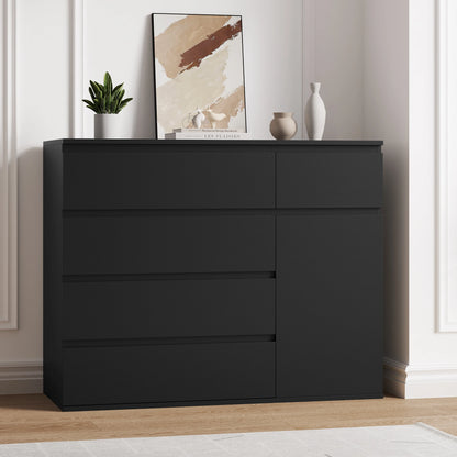 Ladekast – Dressoir – Opbergkast – Bergkast – Kast – Hoog Model – 5 Laden + 1 Deur – Mat Wit Met Zwarte Accenten – 100x80x40 cm – Veel Opbergruimte - QUORE