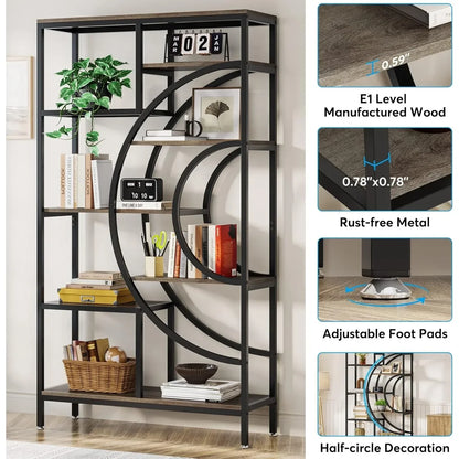 Boekenkast - Kasten - Wandkast - Boekenrek - Industriële Geometrische Kast - 71 Inch Hoog – 8-Tier Open Planken – Stevig Metalen Frame – Zwart Grijs