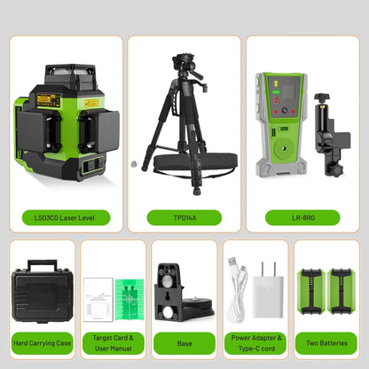 3D Kruislijnlaser – Laserwaterpas – Zelfnivellerend – Groene Laser – Waterpasmeter – 12 Lijnen – IP54 Weerbestendig - met Detector - Statief