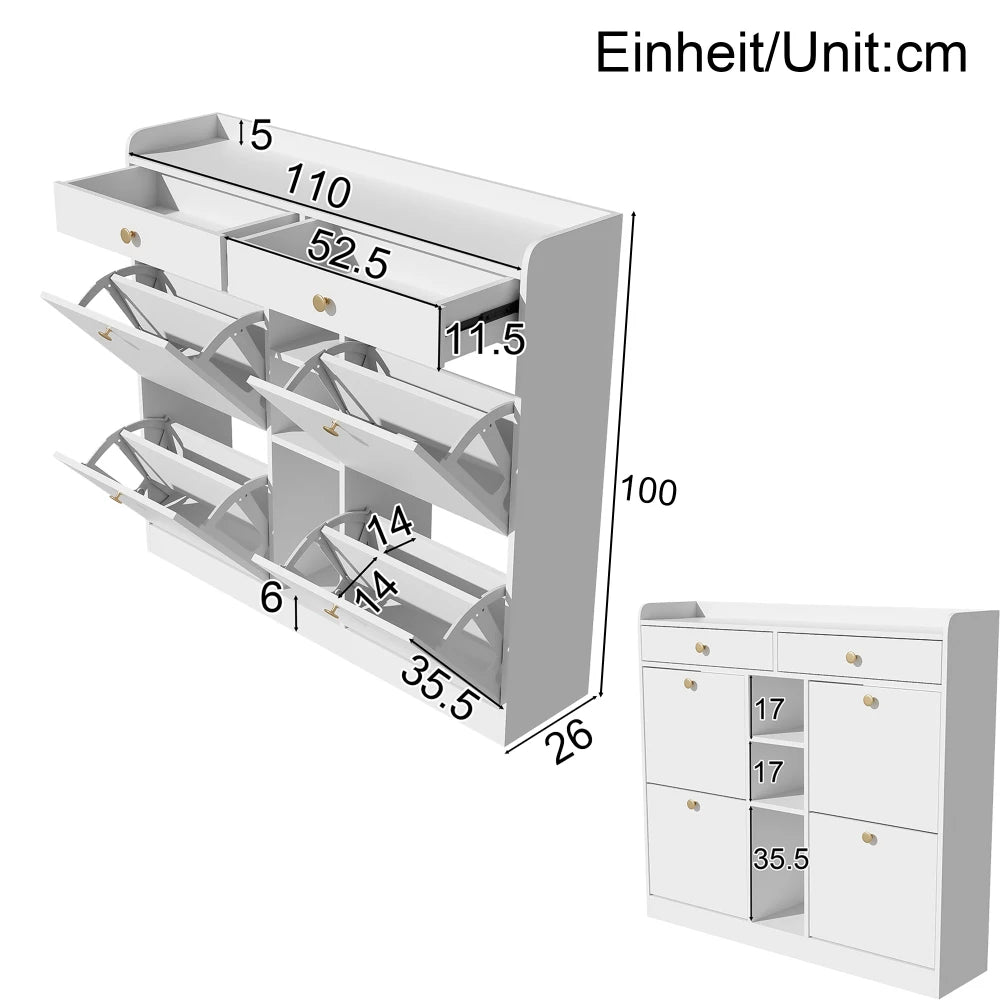 Schoenenkast – Schoenenrek – Schoenenopberger – Schoenenbank – Halmeubel – Wit – 4 Vouwdeuren – 2 Lades – Ruime Opbergruimte – Compact 110x26x100 cm