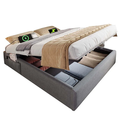 Modern Bed – Stijlvol Slaapbed – Opbergbed – Led Leeslamp Bed – Bed Met Nachtkastje – 160x200 cm – Linnen Bekleding – Geïntegreerde USB-oplader - QUORE