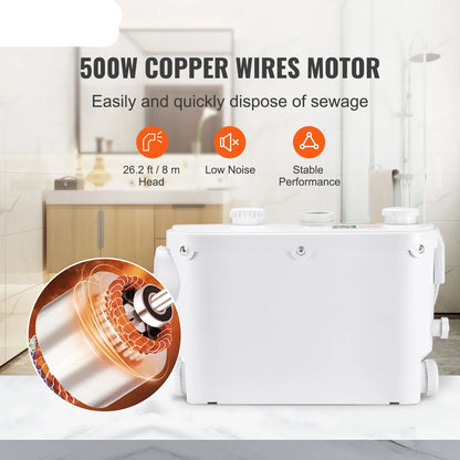 Macerator Pomp - Waterpomp - Vuilwaterpomp - 500W - 6600 L/u Capaciteit - 8m Opvoerhoogte - 3 Inlaten voor Afvalwater Afvoer