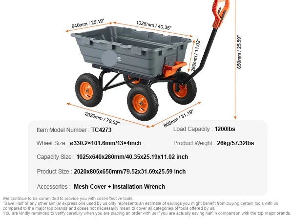 Tuinwagen - Tuinkar - Strandkar - Bolderkar - Transportkar - Gereedschapskar - Buitengebruik - 1200lbs - met Grote Luchtbanden - Zware - Transportwagen