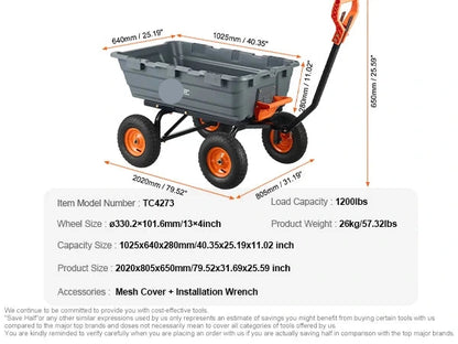 Tuinwagen - Tuinkar - Strandkar - Bolderkar - Transportkar - Gereedschapskar - Buitengebruik - 1200lbs - met Grote Luchtbanden - Zware - Transportwagen