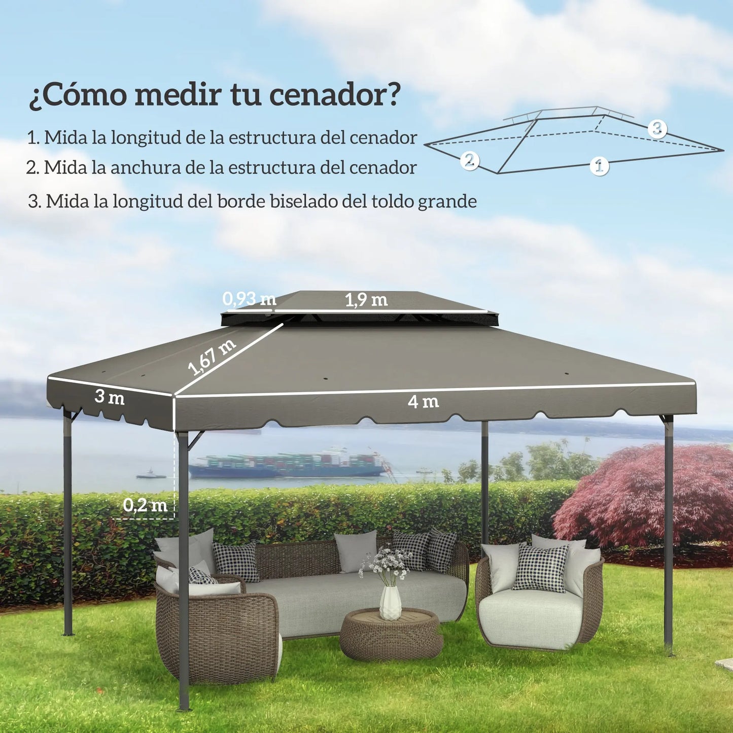 Gazebo - Tuin Dak - Reservedak - 2 Niveaus - Pergola Awning - met 180 g/m² Ademend Anti-UV Polyesterweefsel - PA-Coating - 10 Drainagegaten - Stevig - Durzaam - voor Tuin - Buiten - 3 x 4 m - Lichtgrijs