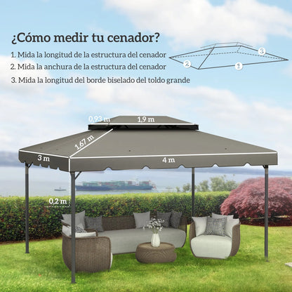 Gazebo - Tuin Dak - Reservedak - 2 Niveaus - Pergola Awning - met 180 g/m² Ademend Anti-UV Polyesterweefsel - PA-Coating - 10 Drainagegaten - Stevig - Durzaam - voor Tuin - Buiten - 3 x 4 m - Lichtgrijs