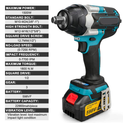 Slagmoersleutel – Slagschroevendraaier - Accu Slagmoersleutel - Brushless- 1800 N.M - 1/2 inch – Draadloos – Inclusief 1 Accu