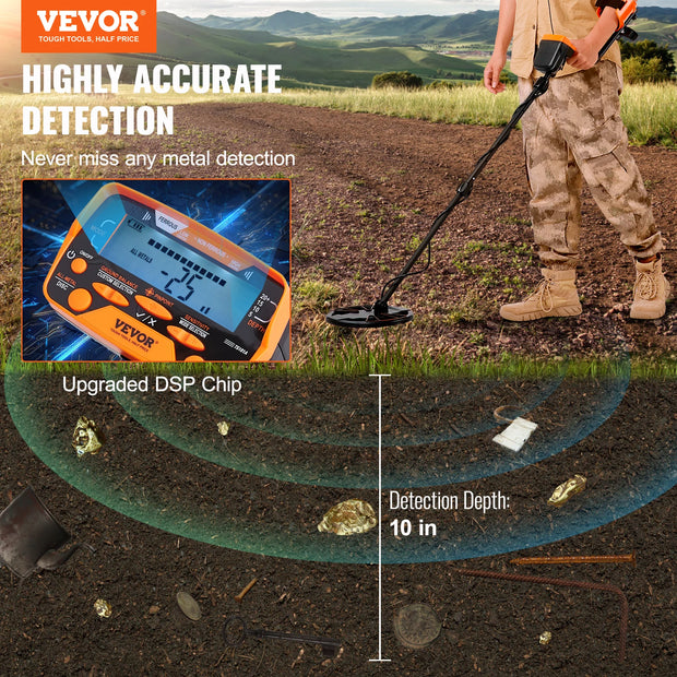 VEVOR Metaaldetector - LCD display - Voor kinderen en volwassenen - 7 Standen - Verstelbare hoogte - Waterdicht - Lichtgewicht - QUORE