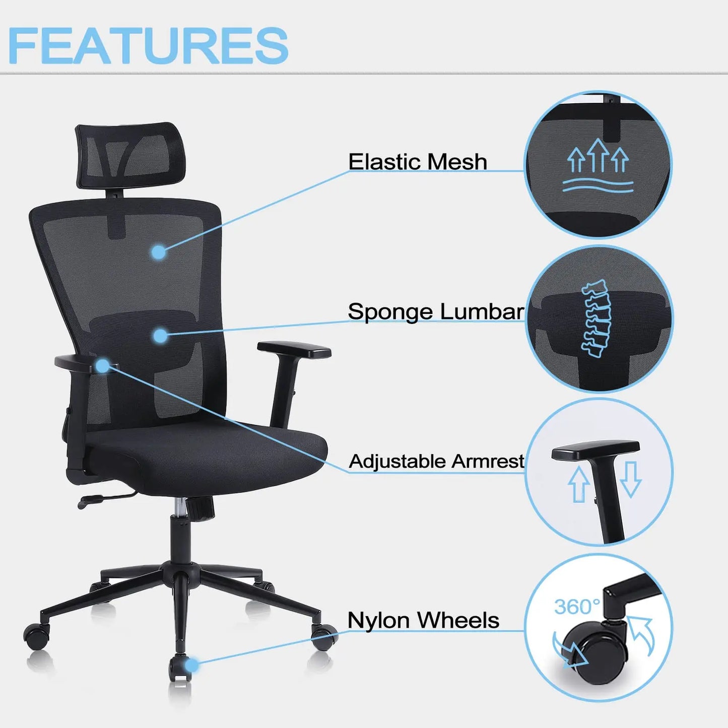 Bureaustoel – Ergonomische Stoel – Office Chair – Draaistoel – Bureau Stoel – Verstelbare Hoofdsteun – Verstelbare Armleuningen – Ademend Mesh – Hoogte Verstelbaar