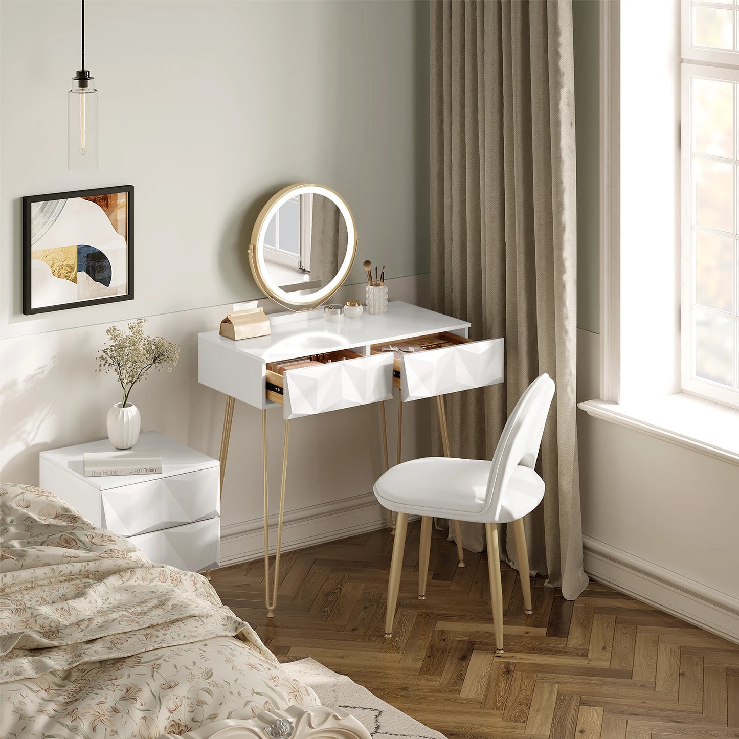 Make-up Tafel – Kaptafel – Vanity Table – Dressoir – Make-up Bureau – Wit Goud – LED Spiegel 3 Lichtstanden – Comfortabele Velvet Stoel Met Verstelbare Rugleuning