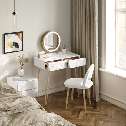 Make-up Tafel – Kaptafel – Vanity Table – Dressoir – Make-up Bureau – Wit Goud – LED Spiegel 3 Lichtstanden – Comfortabele Velvet Stoel Met Verstelbare Rugleuning