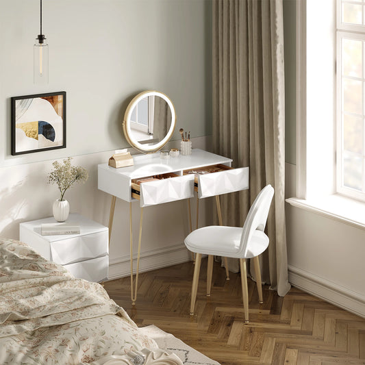 Make-up Tafel – Kaptafel – Vanity Table – Dressoir – Make-up Bureau – Wit Goud – LED Spiegel 3 Lichtstanden – Comfortabele Velvet Stoel Met Verstelbare Rugleuning