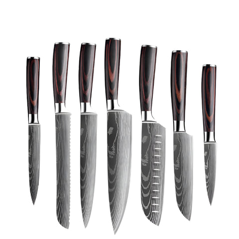 Keukenmessen - Knife set - Chef Knife - Knives - Kitchen Knife - Koksmes voor keuken - Damascus Santoku Messenset - Japans Scherp Hakmes Snijmes - 7-Delige Messenset