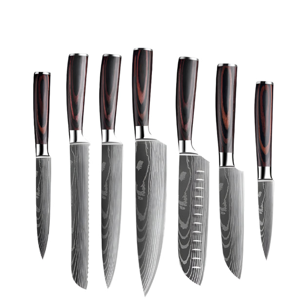 Keukenmessen - Knife set - Chef Knife - Knives - Kitchen Knife - Koksmes voor keuken - Damascus Santoku Messenset - Japans Scherp Hakmes Snijmes - 7-Delige Messenset