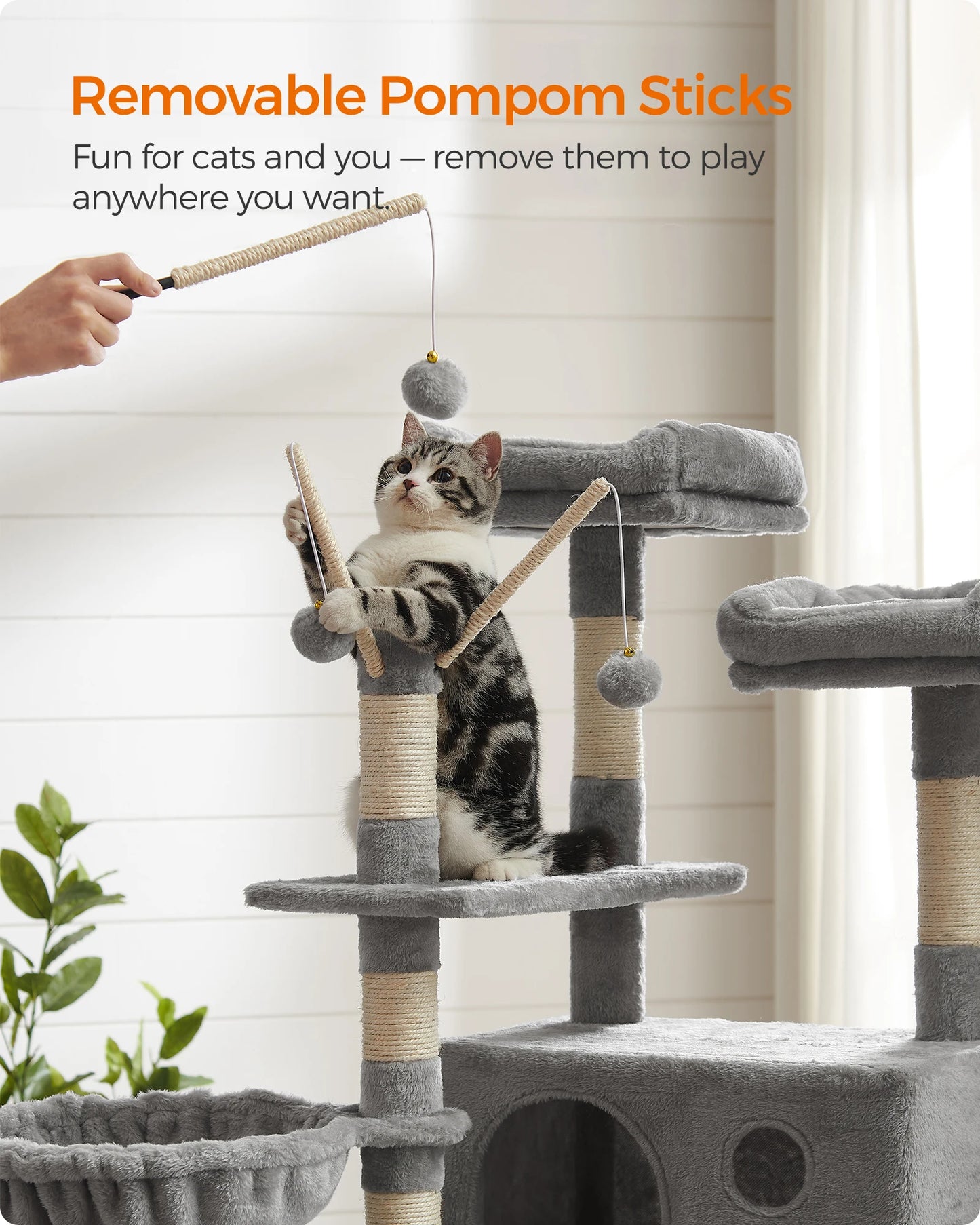Krabpaal - Kattenboom - met Grote Cave - Arbre a Chat - 3 Platforms - XL - 164 cm - Meerdere Verdiepingen - Krabplank - en Sisal Riem - Stabiel - Geschikt voor 3 Katten - Houten Constructie - Lichtgrijs