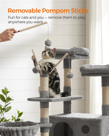 Krabpaal - Kattenboom - met Grote Cave - Arbre a Chat - 3 Platforms - XL - 164 cm - Meerdere Verdiepingen - Krabplank - en Sisal Riem - Stabiel - Geschikt voor 3 Katten - Houten Constructie - Lichtgrijs