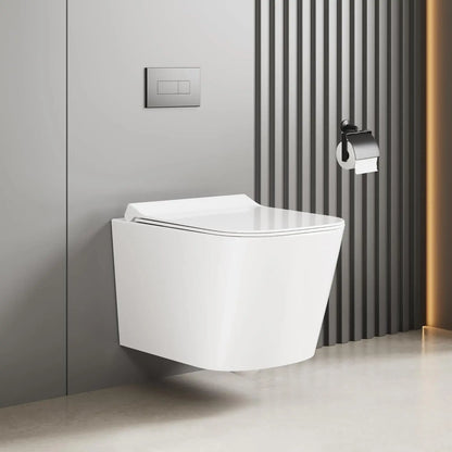 Wandtoilet – Hangend Toilet – Randloos Toilet – Toilet Zonder Rand – Keramisch Toilet – Ultra-Dunne Deksel – Soft-Close Sluiting – Waterbesparende Spoeling - QUORE