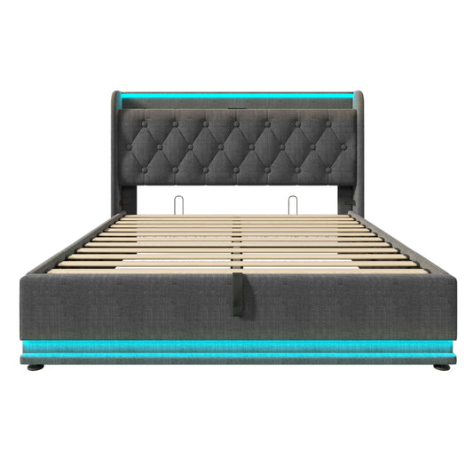 Opbergbed – Opbergboxspring – Hydraulisch Bed – Gestoffeerd Bed – Slaapbank – 180x200 cm – Linnen Bekleding – 360° LED-Verlichting – USB Type-C Oplaadpoort