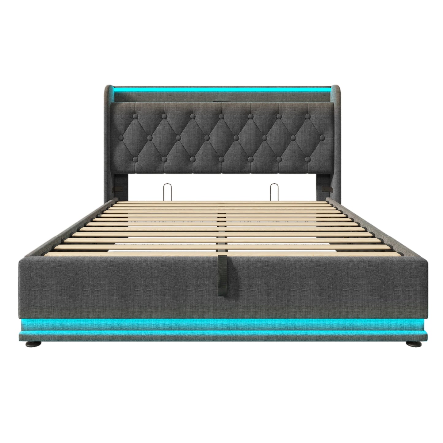Opbergbed – Bed Met Opbergruimte – Slaapbank – Boxspring – Bedframe – Donkergrijs 160x200 cm – LED-Verlichting Met 360° Surround – USB Type-C Oplaadpoort