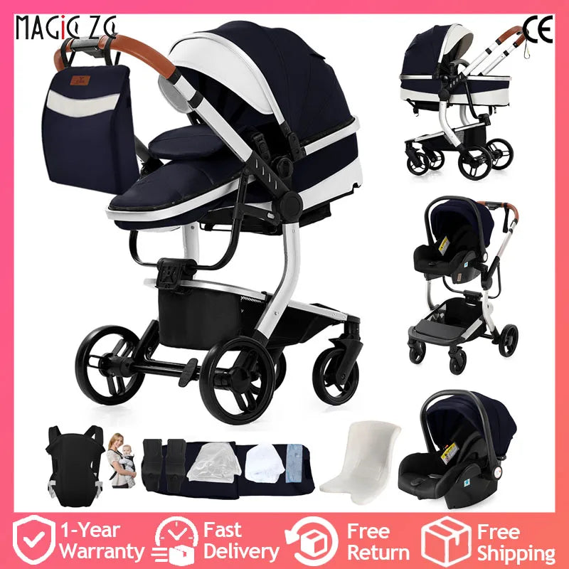 3 in 1 Baby Stroller Leather Waterproof Travel System Pushchair Reclining Seat Infant Carriage with Car Seat High Landscape Baby