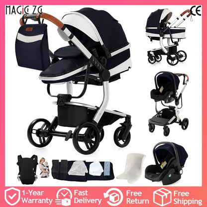 3 in 1 Baby Stroller Leather Waterproof Travel System Pushchair Reclining Seat Infant Carriage with Car Seat High Landscape Baby