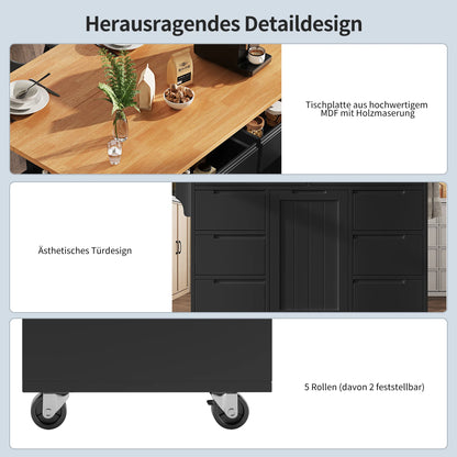 Uitklapbare Tafel – Keukentafel – Werkbank – Werktafel – Mobiele Werktafel – 8 Lades – Verstelbare Plank – 60 Kg Draagvermogen - 122 × 74.5 × 91.5 cm - Zwart