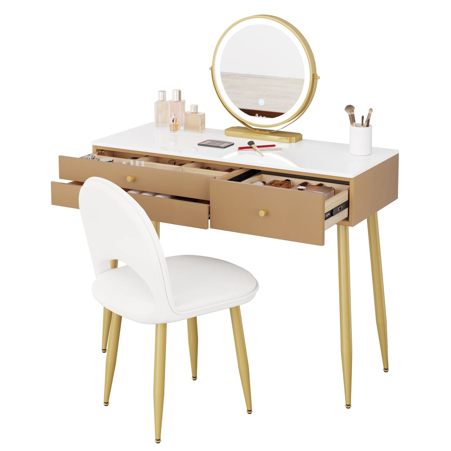 Make-up Tafel - met Spiegel - LED Spiegellicht - Kaptafel - Verstelbare - 100x40x122 cm - 3 Lades - Velvet Kruk - voor Slaapkamer -1SET - Khaki - QUORE