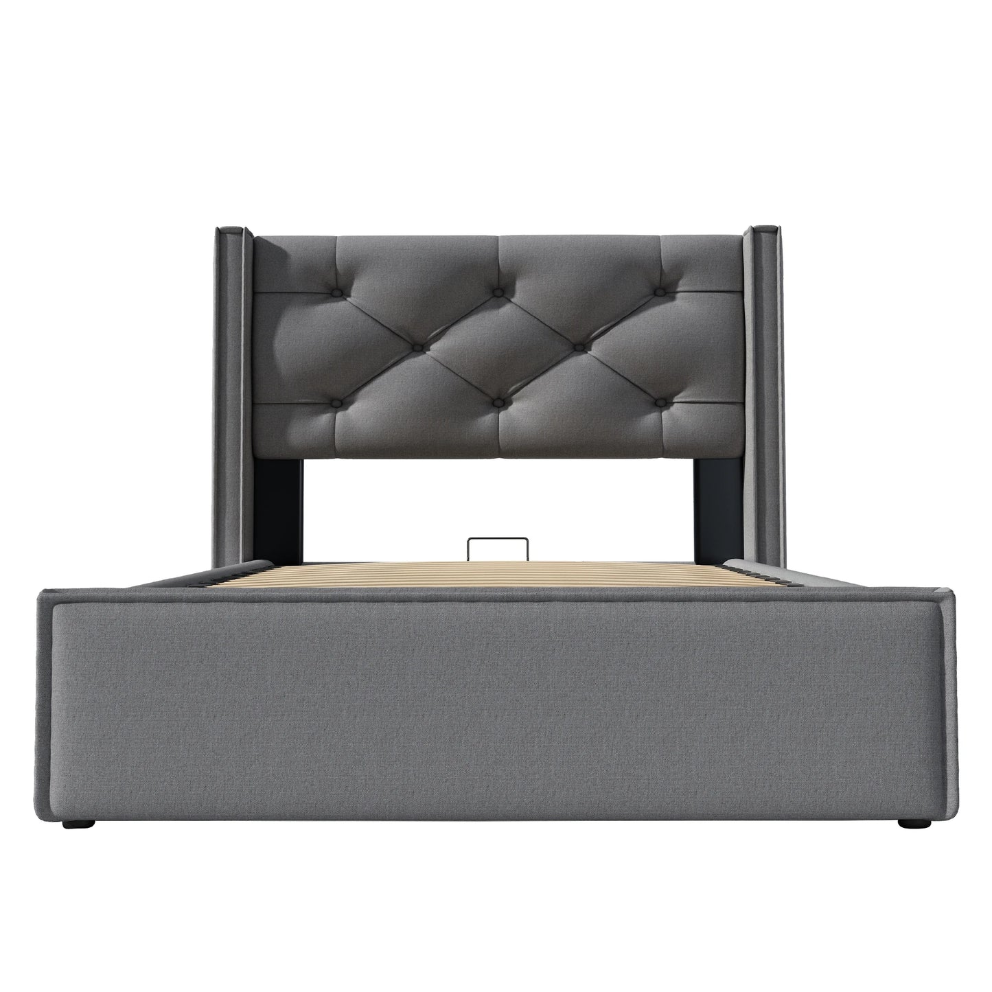 Bedframe – Eenpersoonsbed – Slaapbank – Bedombouw – Stalen Bed – 140x200 cm – Hydraulische Opbergruimte – Donkergrijze Katoenen Bekleding - QUORE