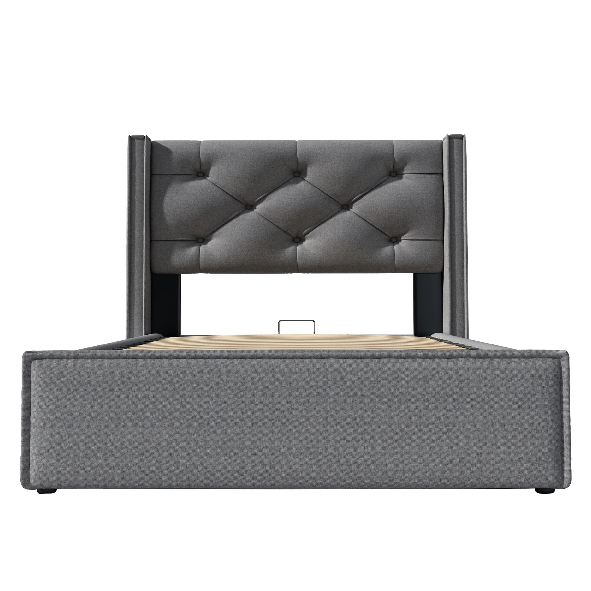 Bedframe – Eenpersoonsbed – Slaapbank – Bedombouw – Stalen Bed – 140x200 cm – Hydraulische Opbergruimte – Donkergrijze Katoenen Bekleding - QUORE
