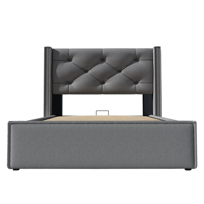 Bedframe – Eenpersoonsbed – Slaapbank – Bedombouw – Stalen Bed – 140x200 cm – Hydraulische Opbergruimte – Donkergrijze Katoenen Bekleding - QUORE