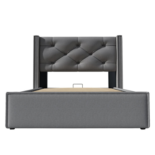 Bedframe – Eenpersoonsbed – Slaapbank – Bedombouw – Stalen Bed – 140x200 cm – Hydraulische Opbergruimte – Donkergrijze Katoenen Bekleding - QUORE