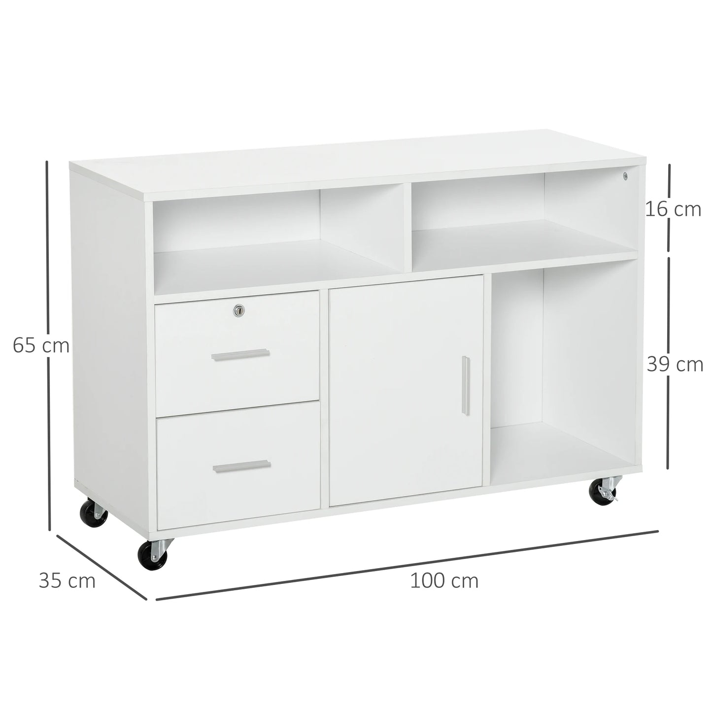 Opbergkast – Opbergmeubel – Kast Op Wieltjes – Opbergmeubel Op Wielen – Melamine – 100x35x65 Cm – Afsluitbare Lade - QUORE