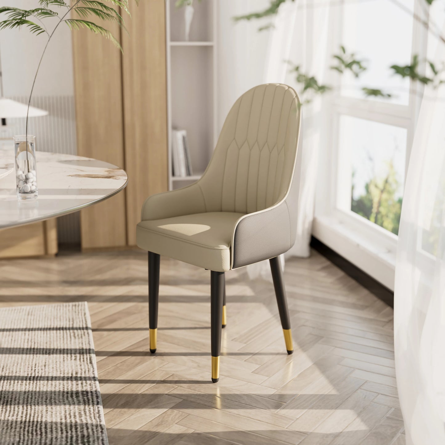 Set of 2 Dining Chairs - Chair - Faux Leather Chairs - High Back - Modern - Mid-century Design - Wooden Legs - 52x49x90cm - White