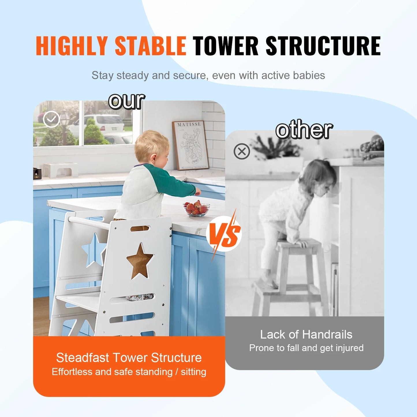 Learning Tower - Children Learning Tower - Children Step Stool - Learning Tower Kitchen Aid - Step Stool Bamboo - Height 3 levels - Adjustable - with safety rail - Kitchen Counter Bathroom